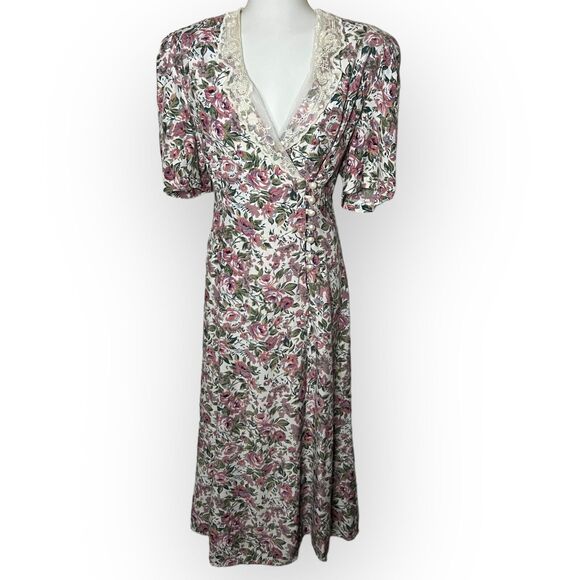 Jonathan Martin Vintage 80s Pastel Floral Lace Collar Cottagecore A-Line Dress - Picture 3 of 16